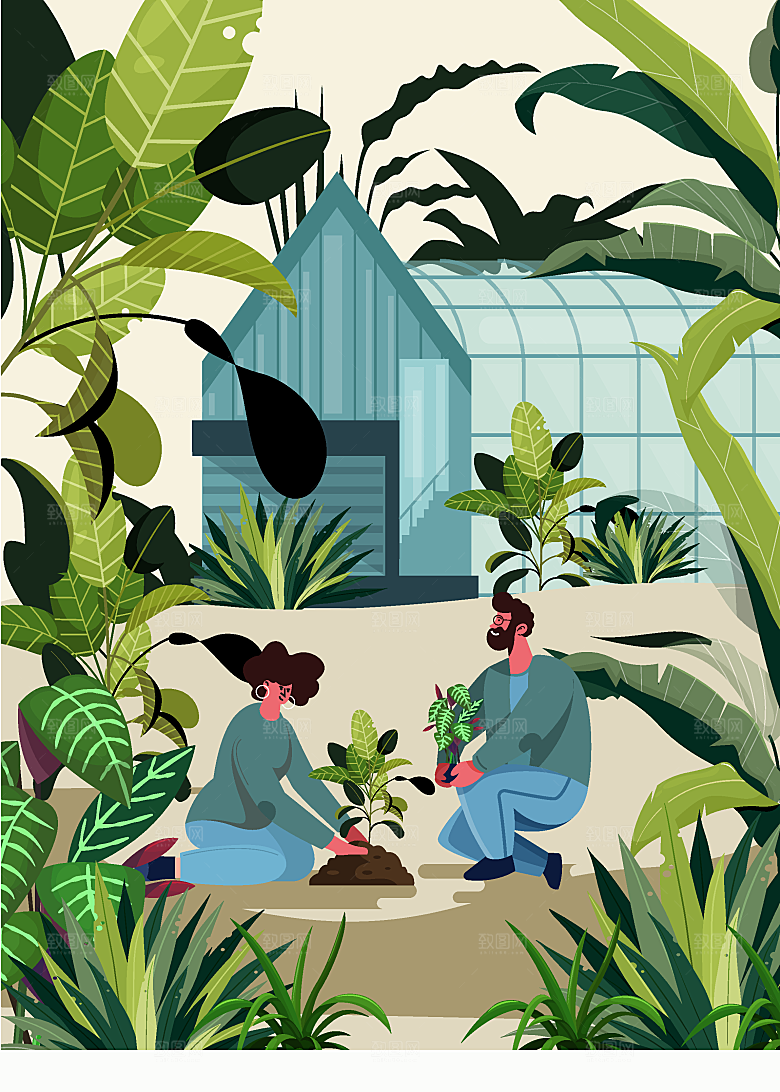 玻璃温室植树节种树矢量