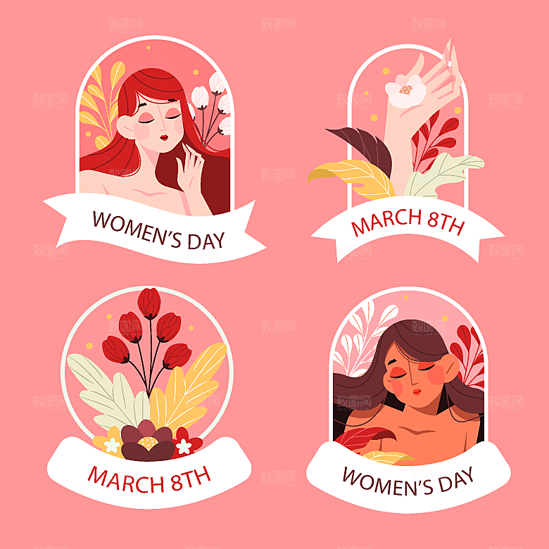 国际妇女节扁平贴纸矢量