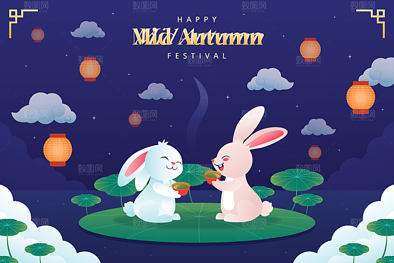 中秋节卡通兔子插画设计