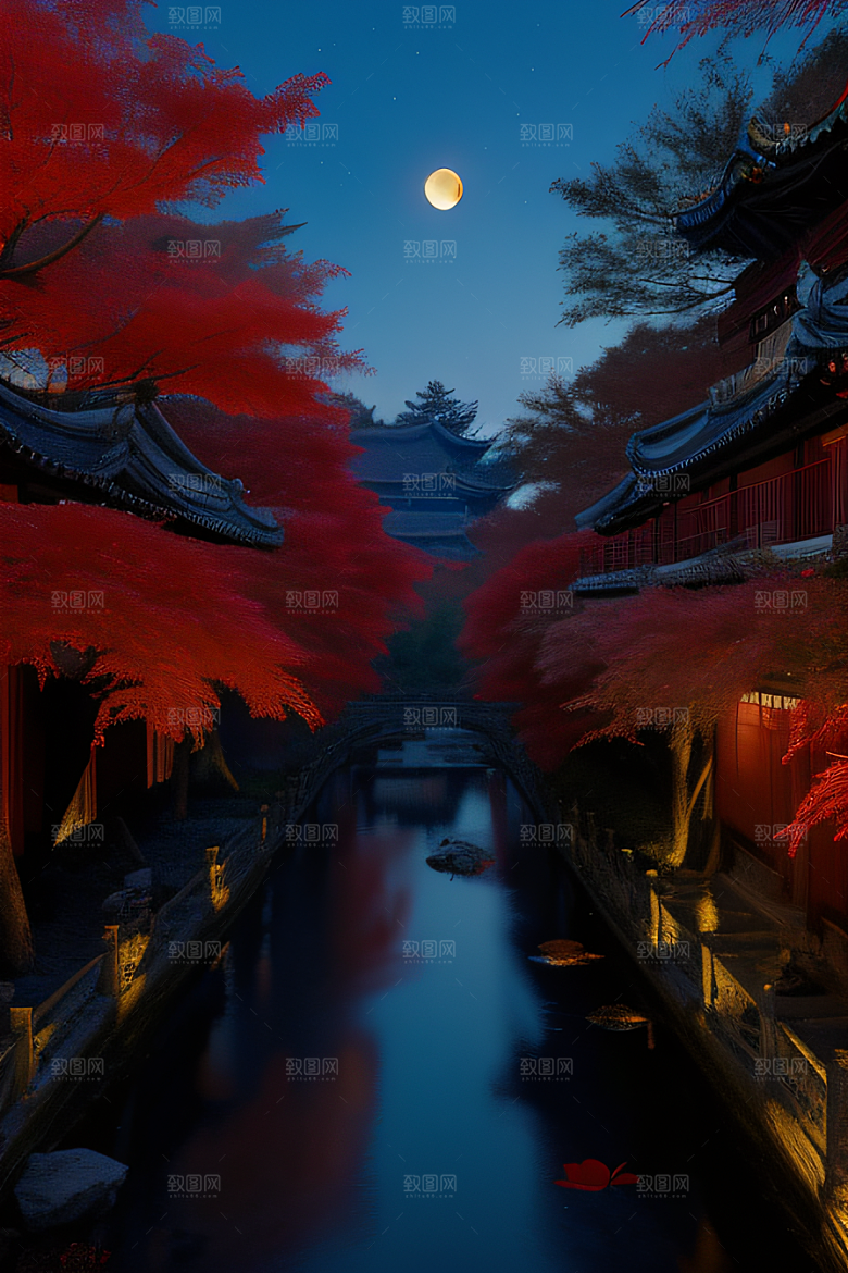 古风江南溪流畔的古建筑和红叶枫树