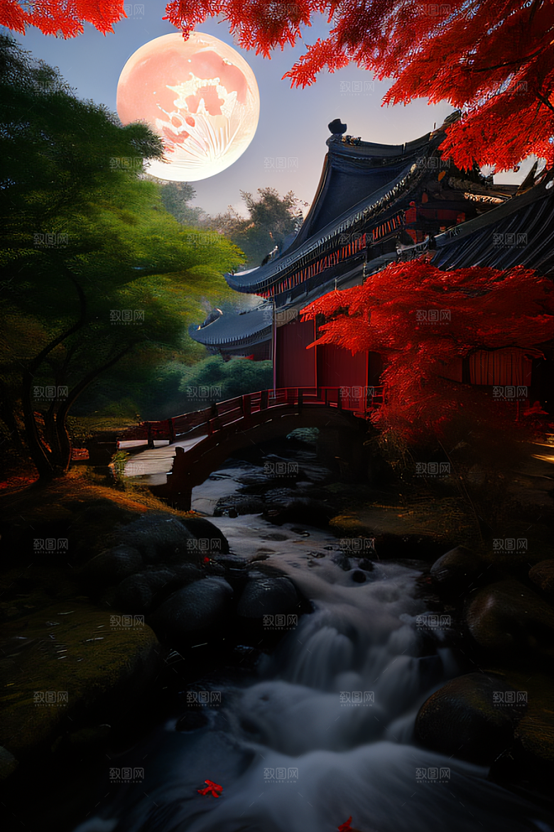 古风江南溪流畔的古建筑和红叶枫树