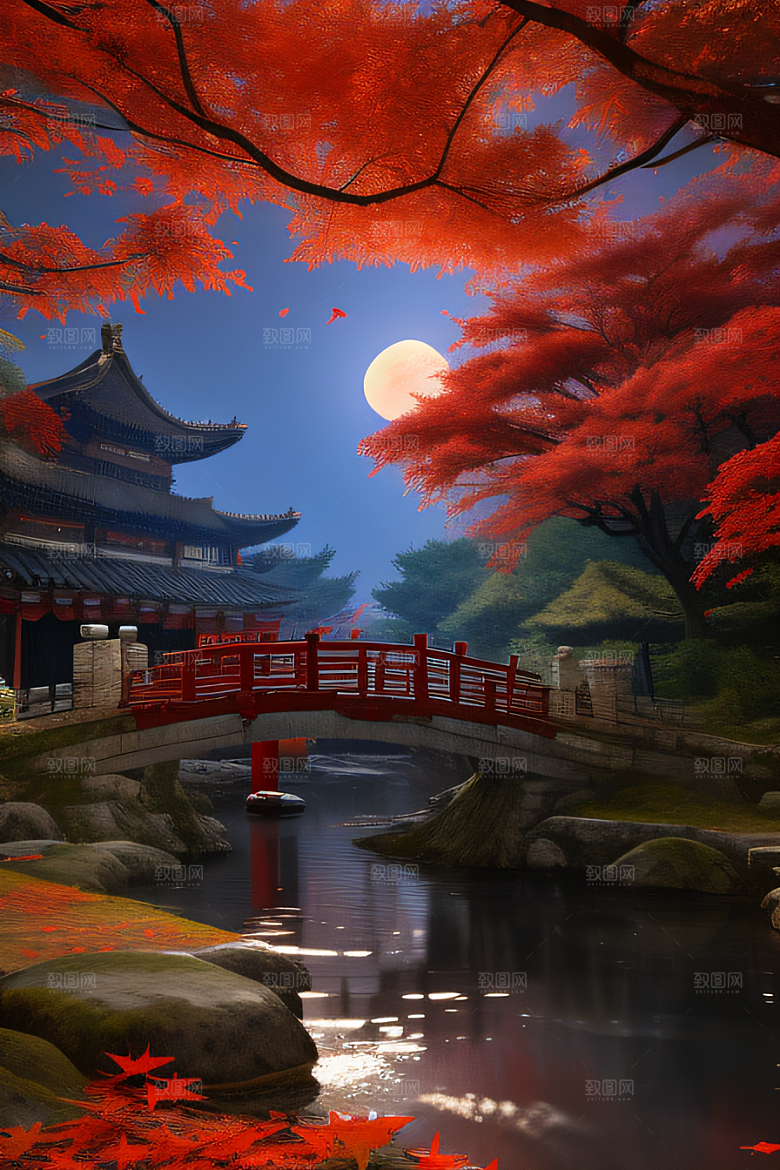 古代中国的超真实渲染溪流旁的江南古建筑