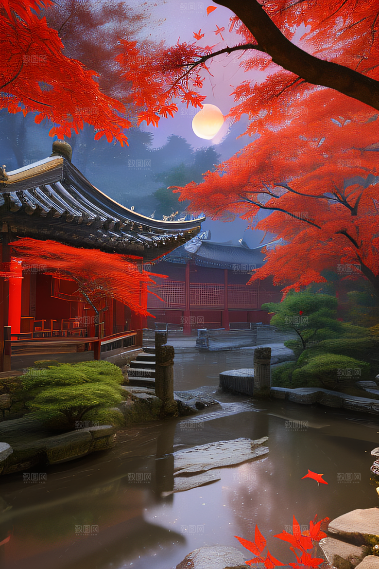 古代中国的超真实渲染溪流旁的江南古建筑