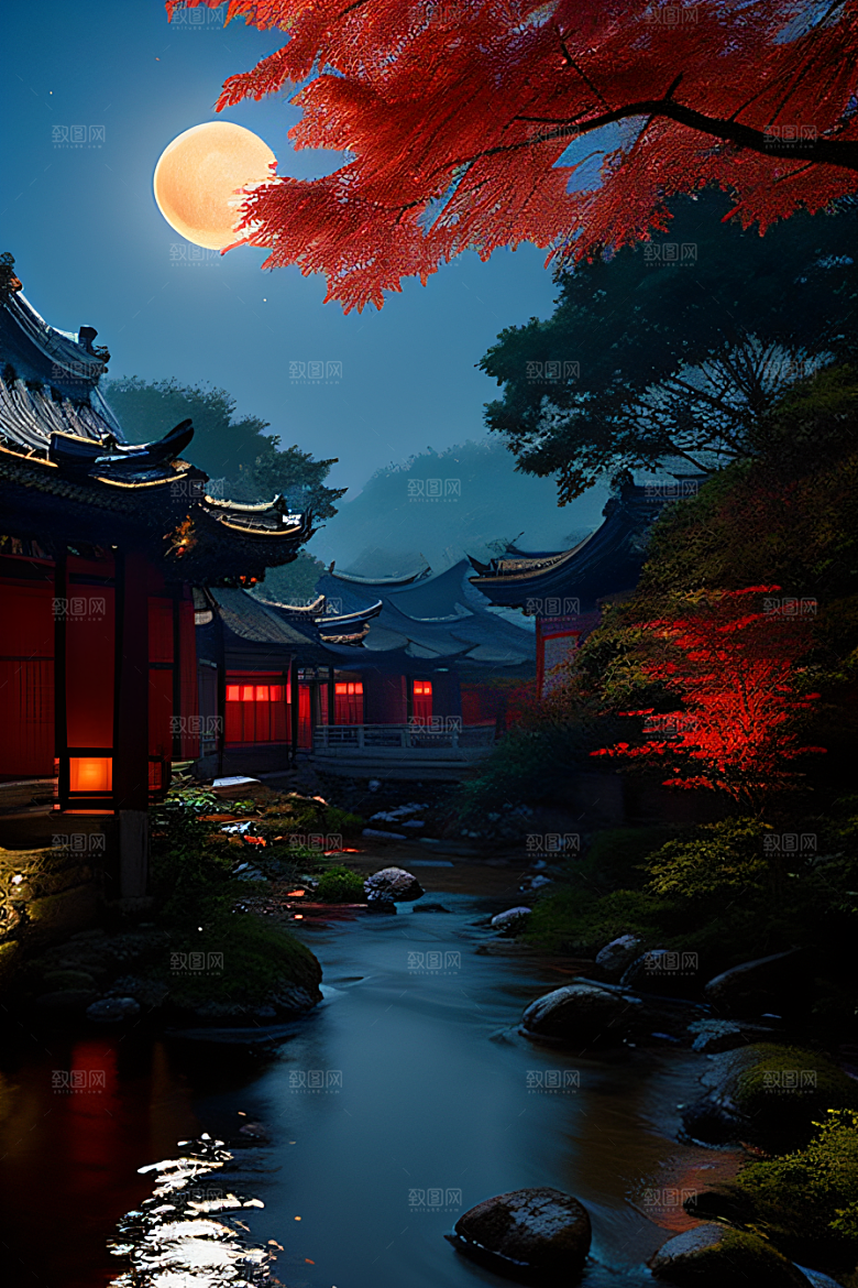 古代中国的超真实渲染溪流旁的江南古建筑