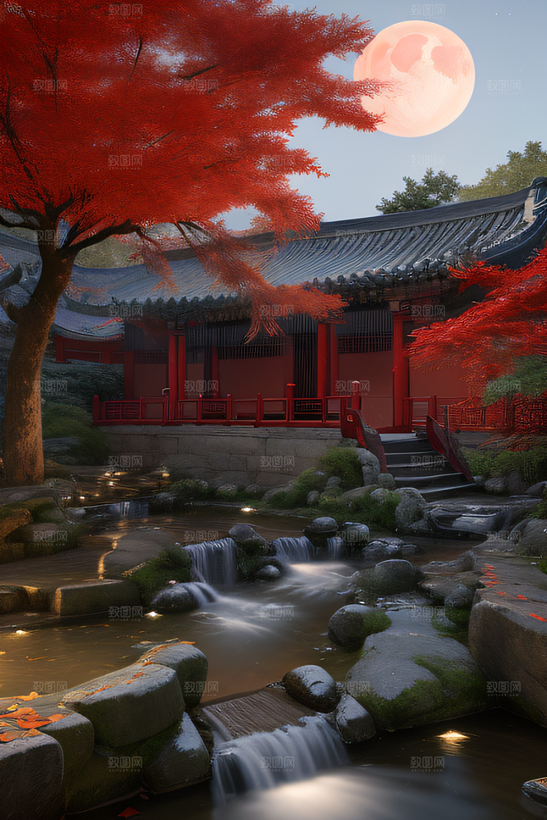 古代中国的超真实渲染溪流旁的江南古建筑