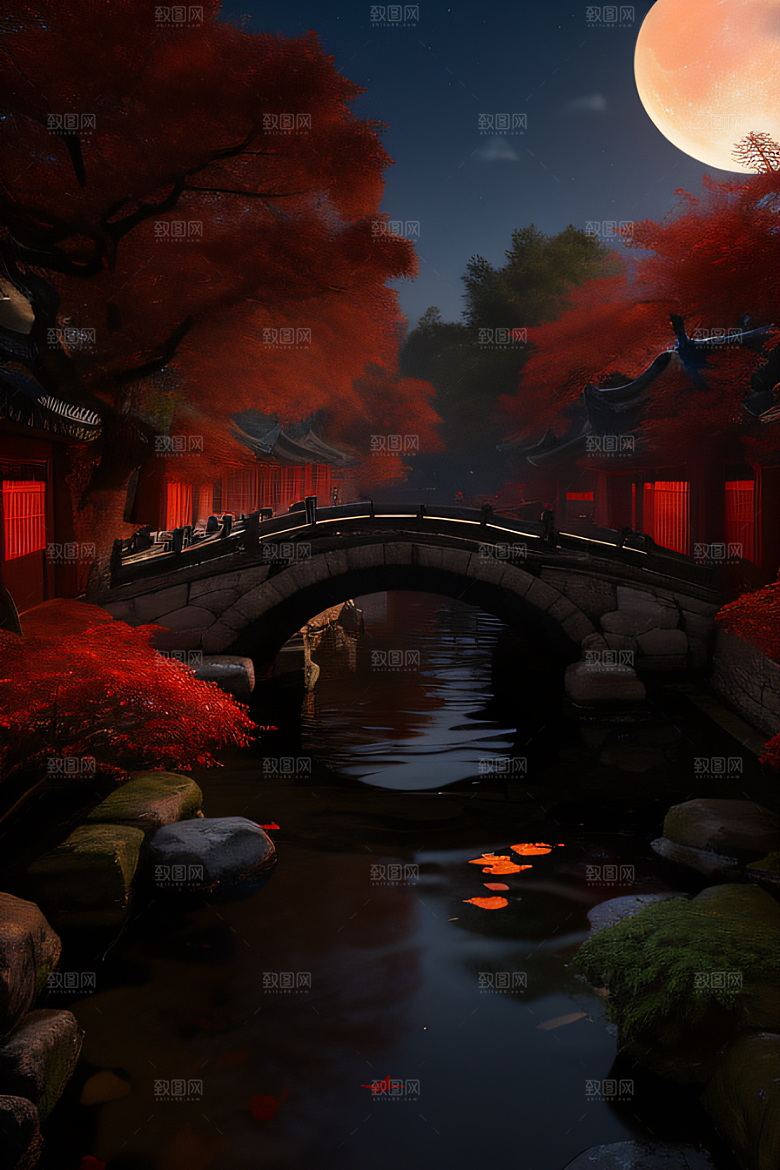 古代中国的超真实渲染溪流旁的江南古建筑