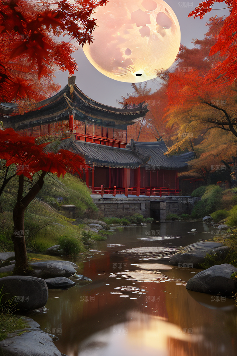 古代中国的超真实渲染溪流旁的江南古建筑