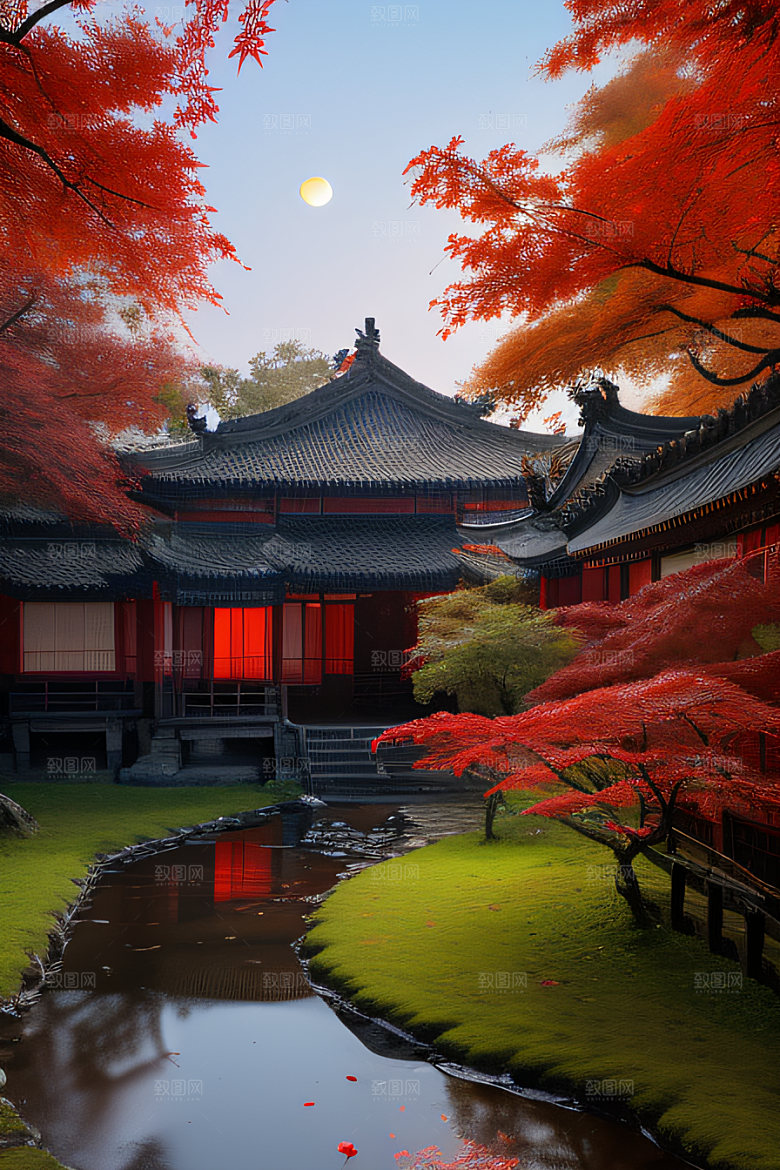 江南古建与溪流夜晚的红叶枫树与明月