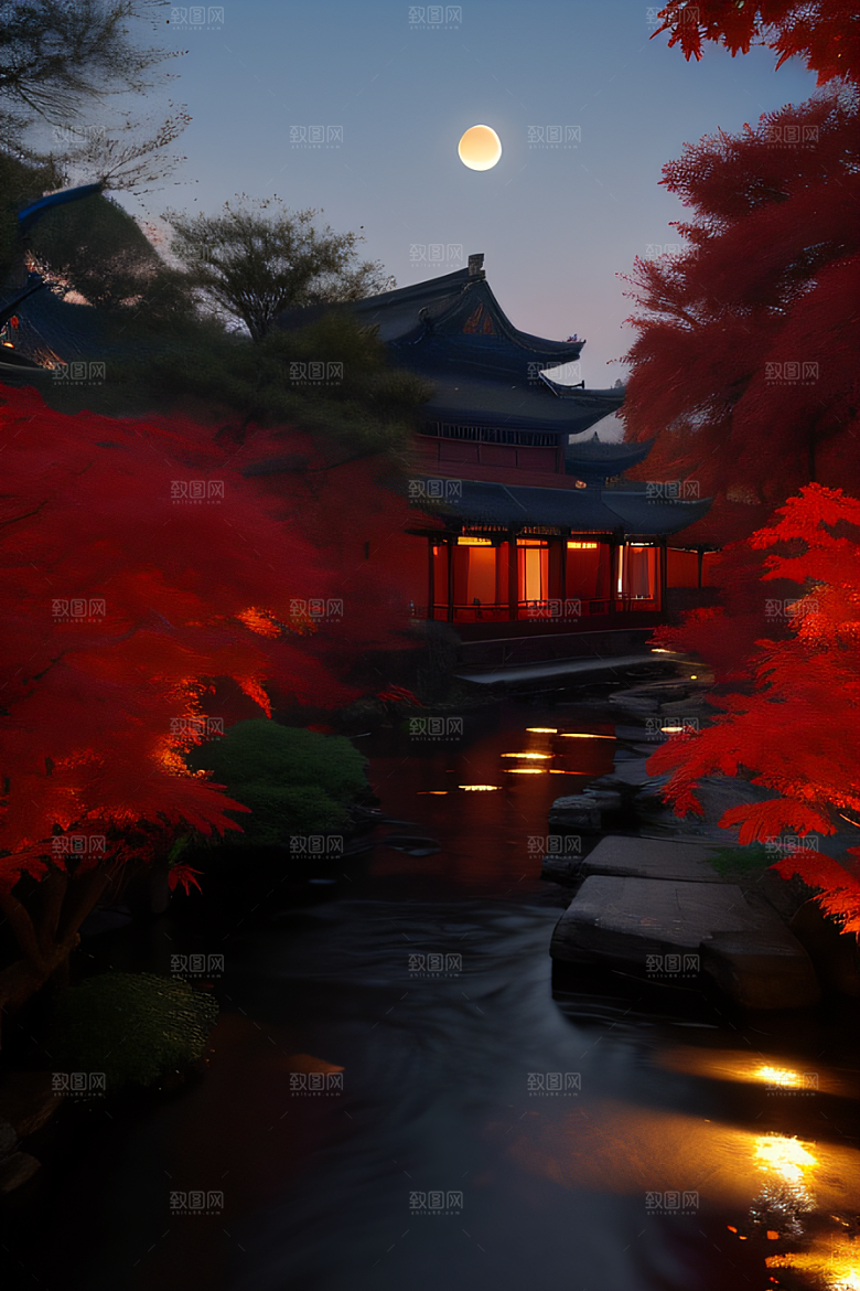 江南古建与溪流夜晚的红叶枫树与明月