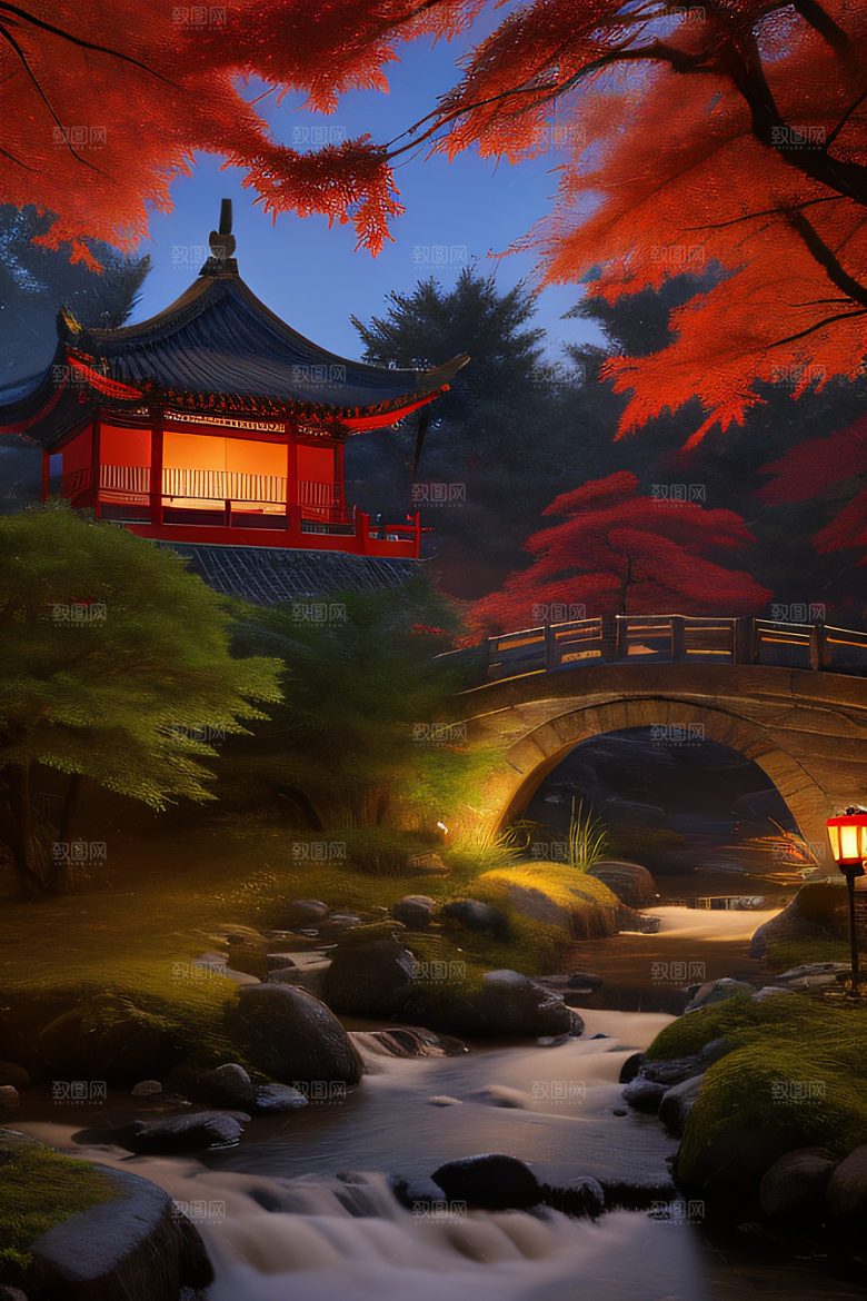 江南古建与溪流夜晚的红叶枫树与明月