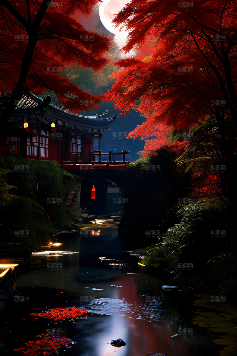江南古建与溪流夜晚的红叶枫树与明月