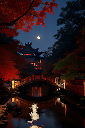 江南古建与溪流夜晚的红叶枫树与明月