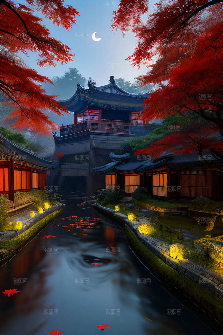 江南古建与溪流夜晚的红叶枫树与明月