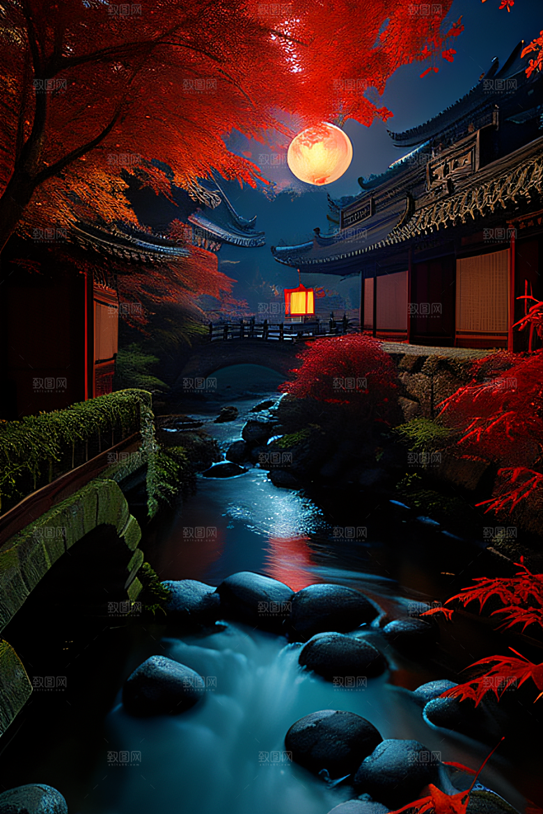 江南古建与溪流夜晚的红叶枫树与明月