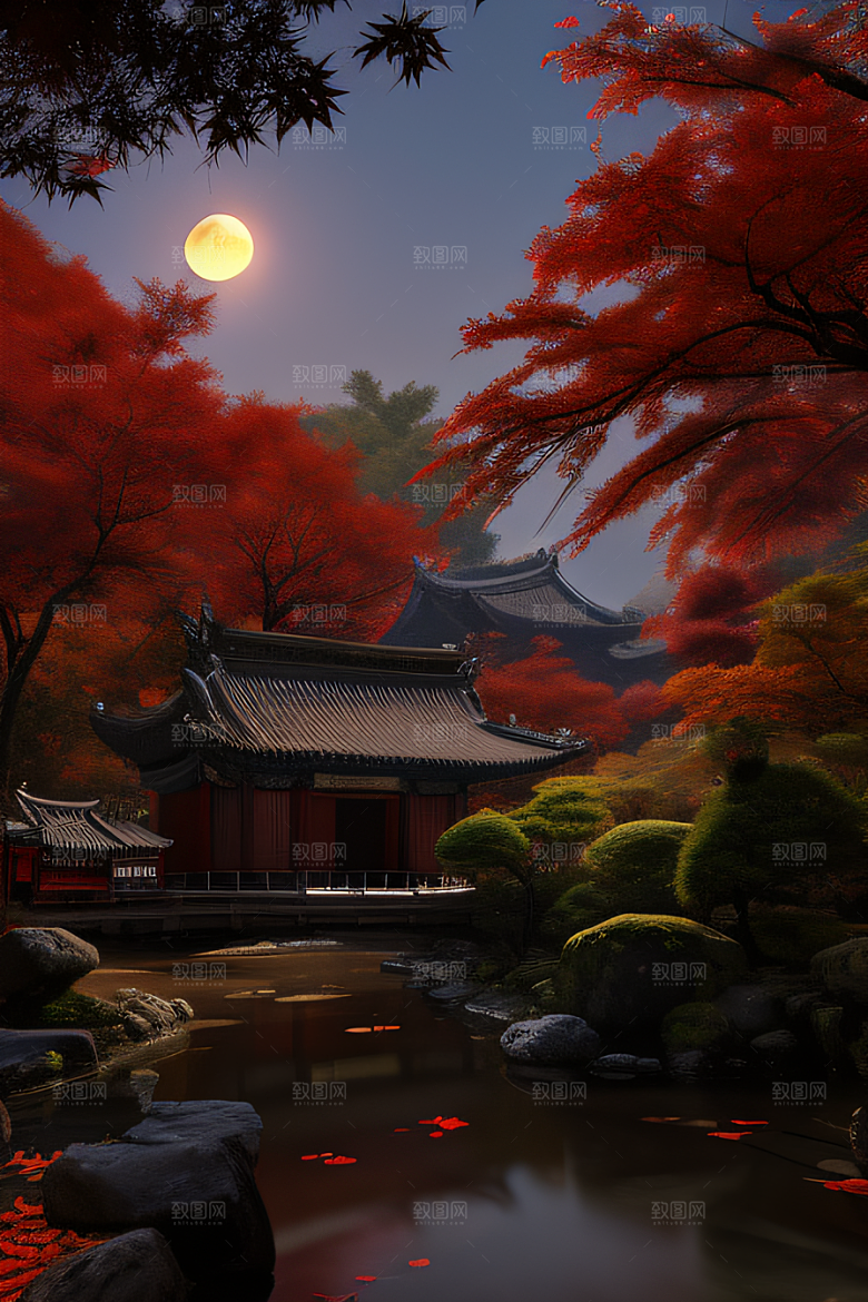 江南古建与溪流夜晚的红叶枫树与明月