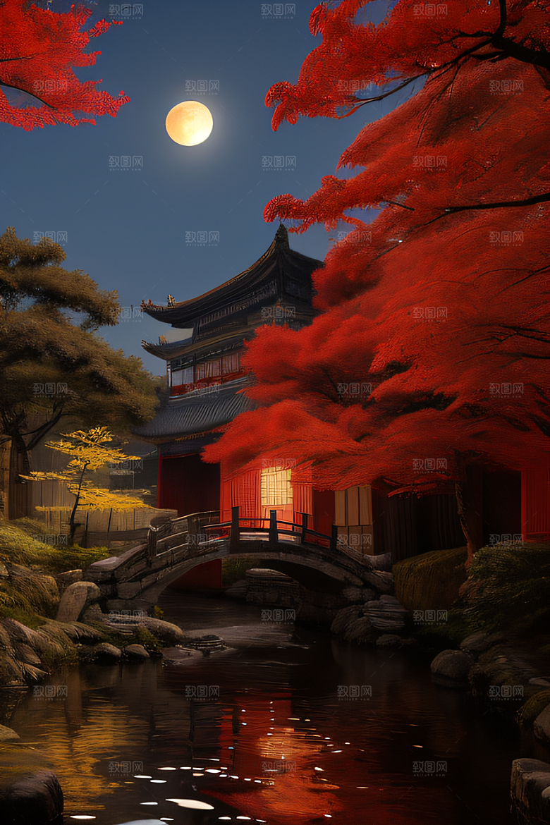 古建筑与溪流夜晚的红叶枫树和明月