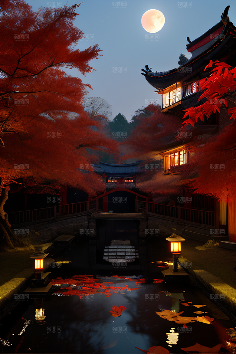 古建筑与溪流夜晚的红叶枫树和明月