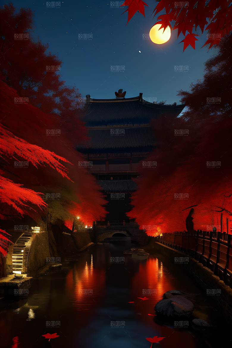 古建筑与溪流夜晚的红叶枫树和明月