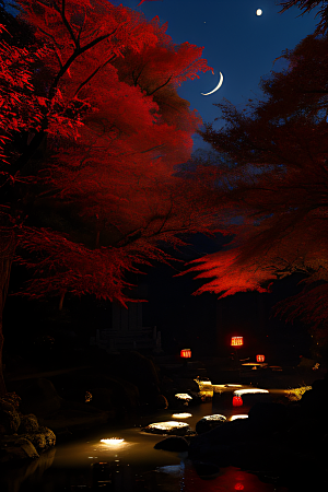 古建筑与溪流夜晚的红叶枫树和明月