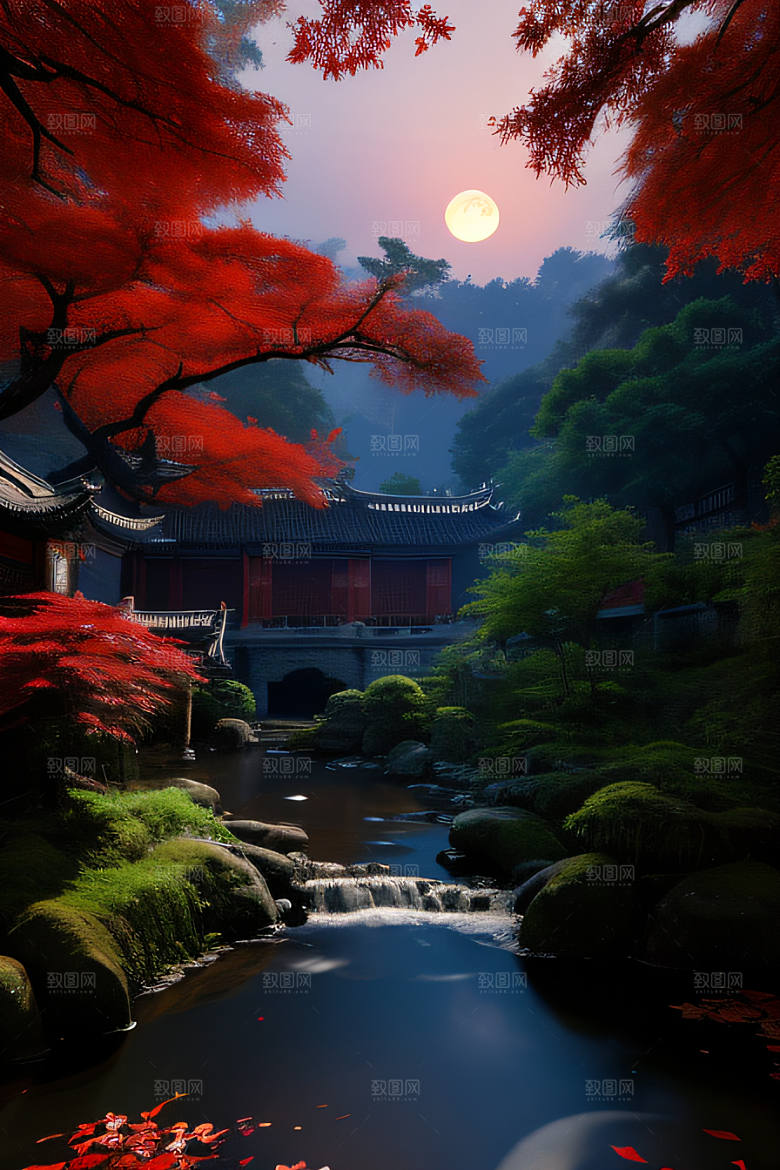 古建筑与溪流夜晚的红叶枫树和明月