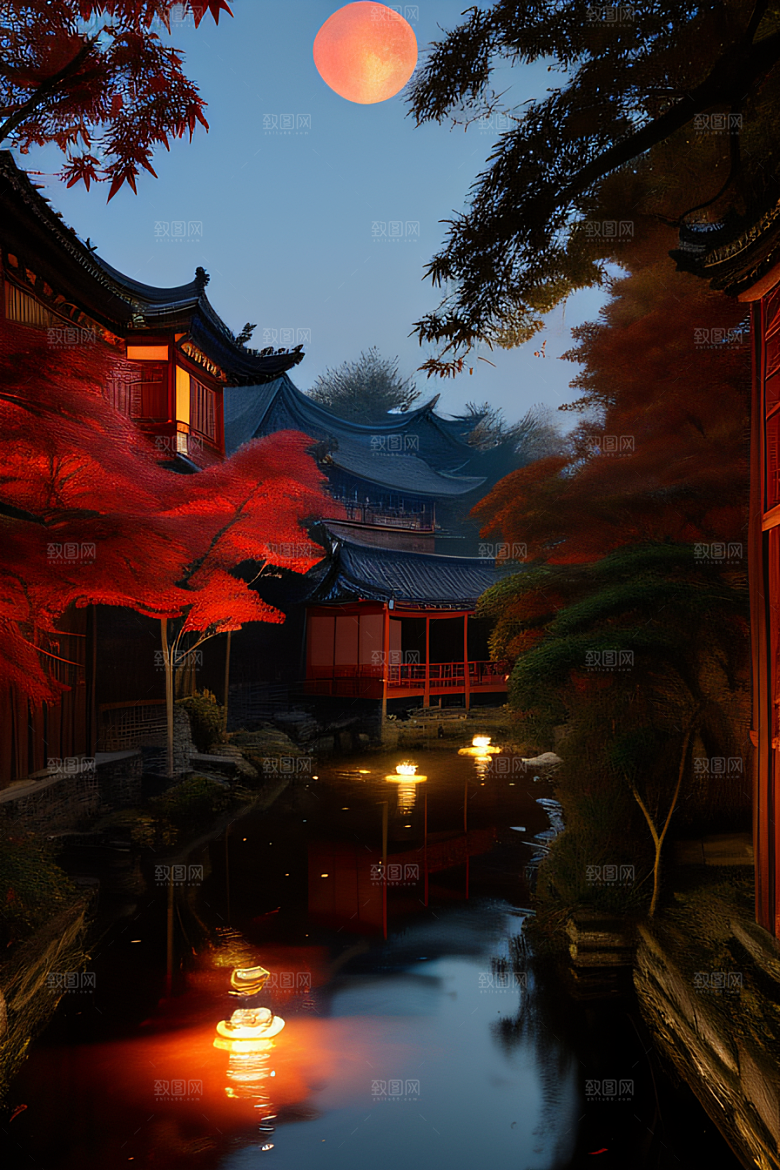 古建筑与溪流夜晚的红叶枫树和明月