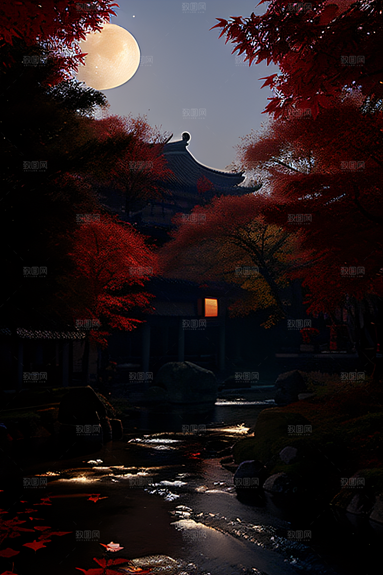 古建筑与溪流夜晚的红叶枫树和明月