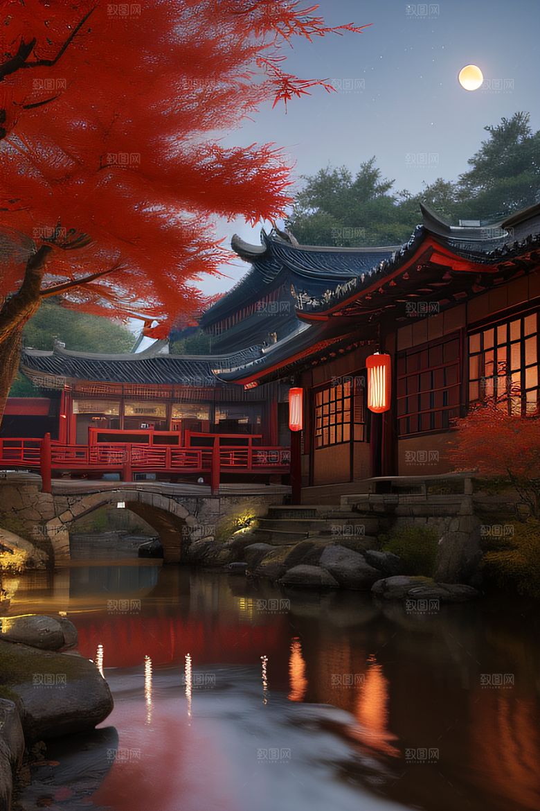 古建筑与溪流夜晚的红叶枫树和明月