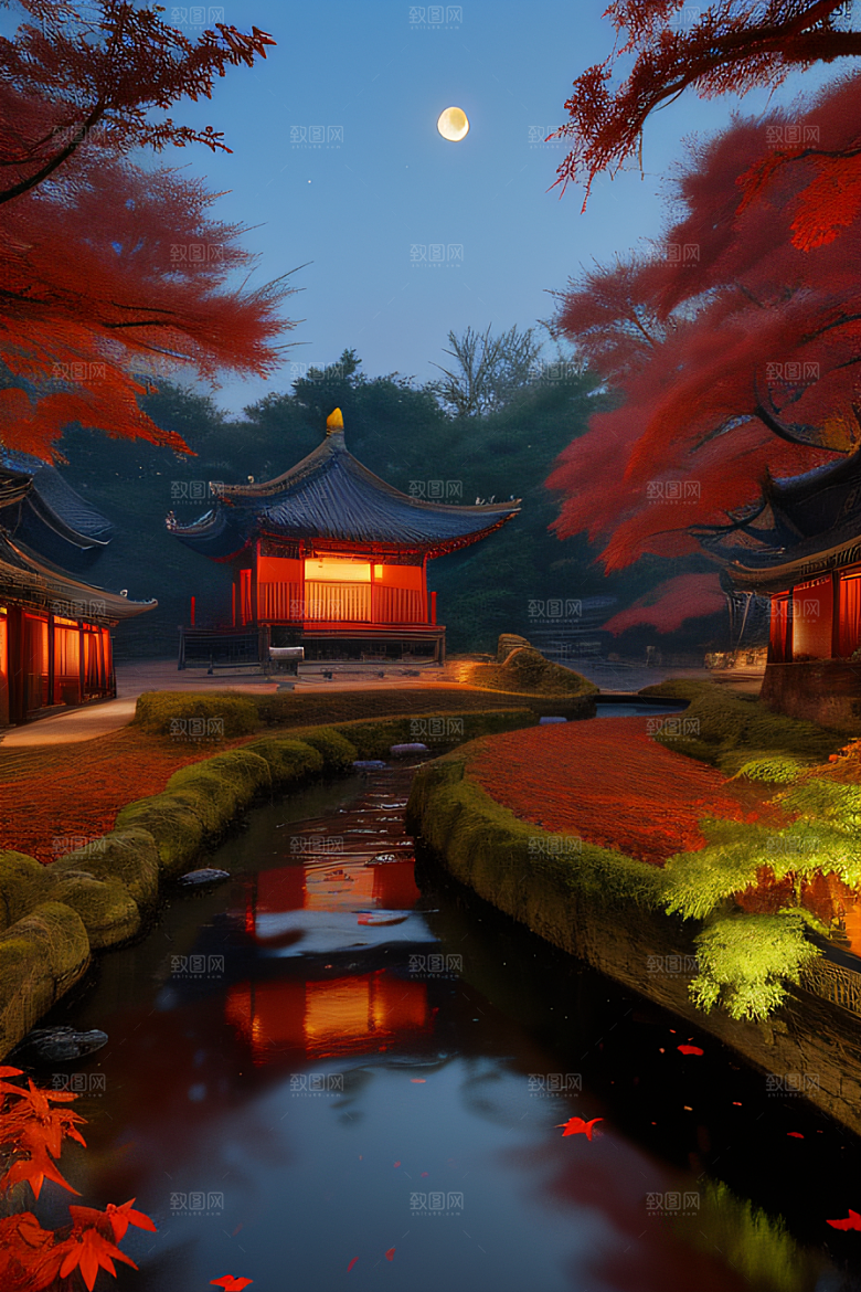 古建筑与溪流夜晚的红叶枫树和明月