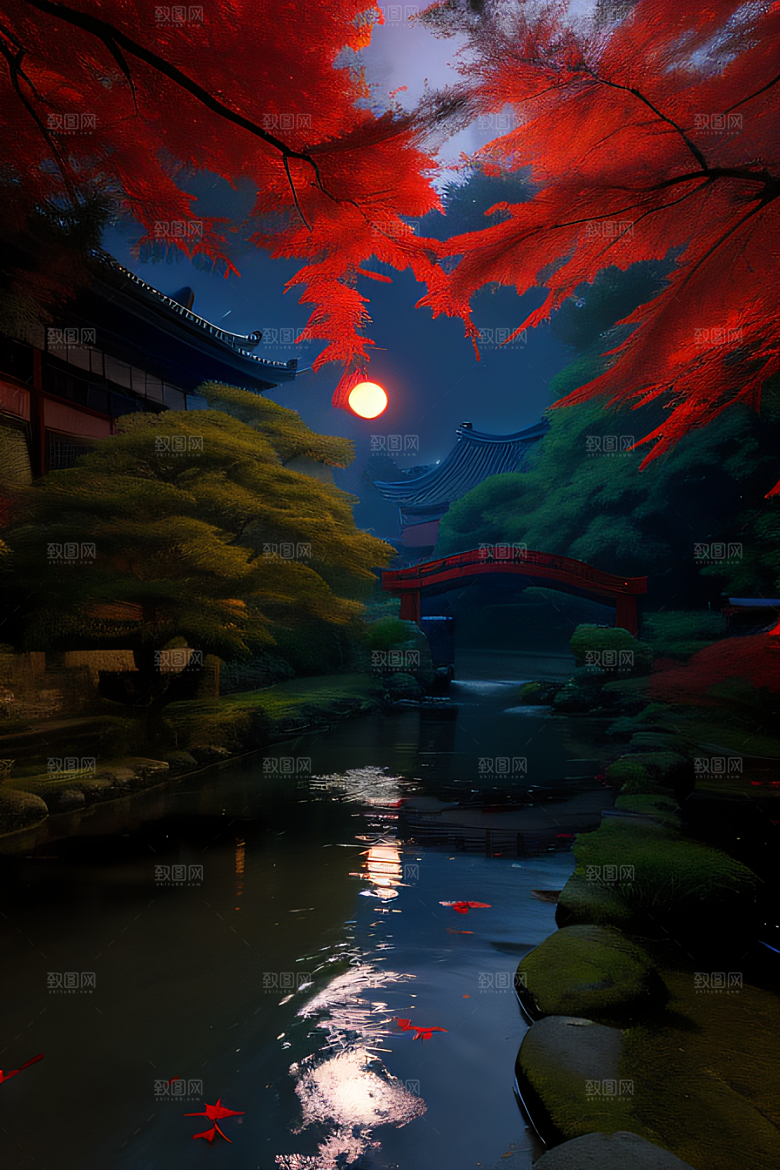 古建筑与溪流夜晚的红叶枫树和明月
