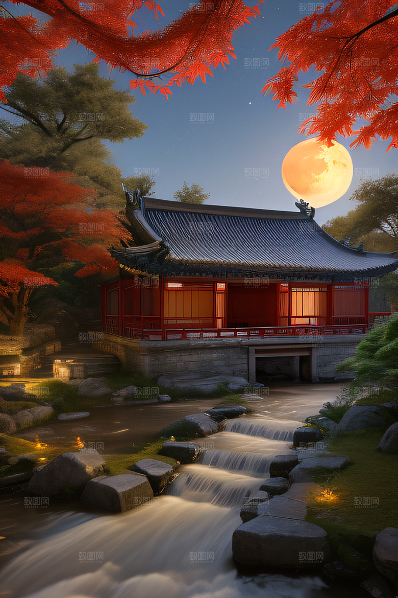古建筑与溪流夜晚的红叶枫树和明月