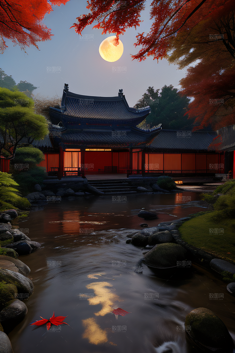 古建筑与溪流夜晚的红叶枫树和明月