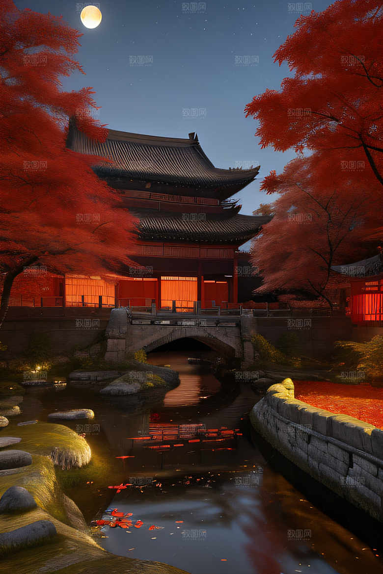 古建筑与溪流夜晚的红叶枫树和明月