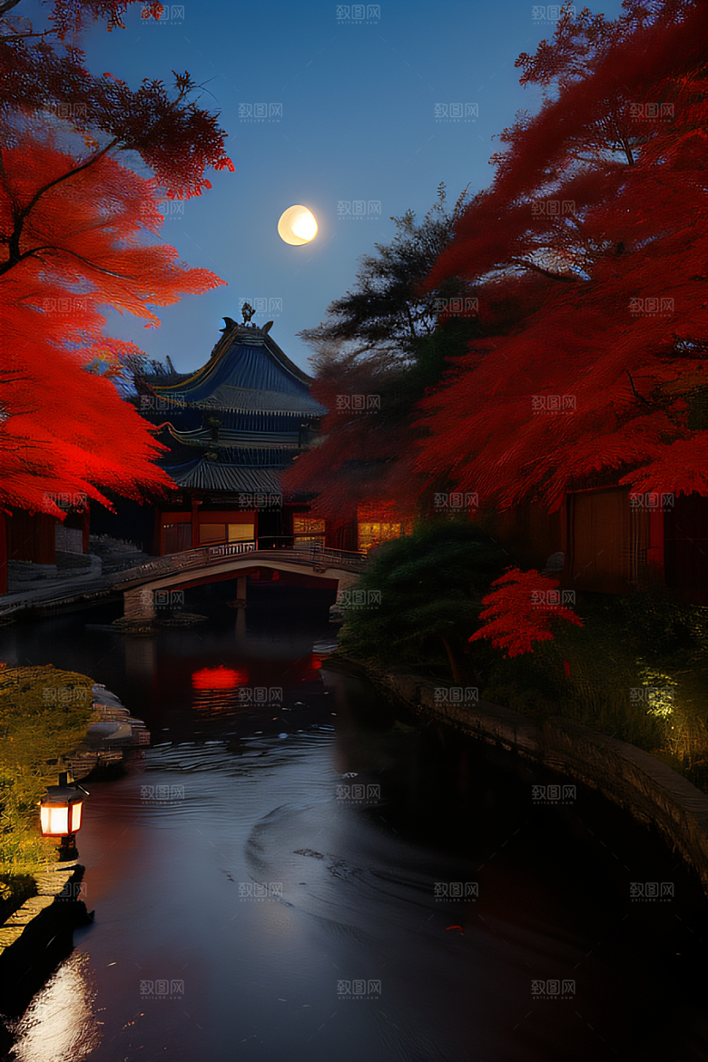 古建筑与溪流夜晚的红叶枫树和明月