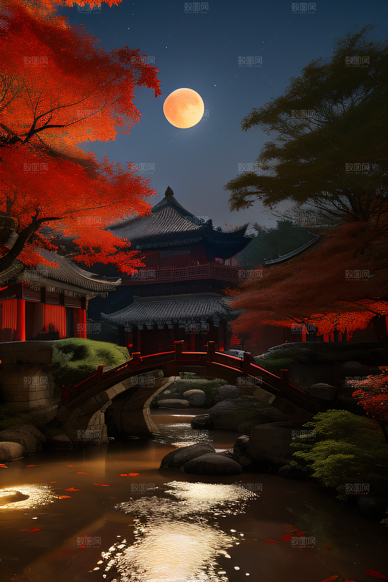 古建筑与溪流夜晚的红叶枫树和明月