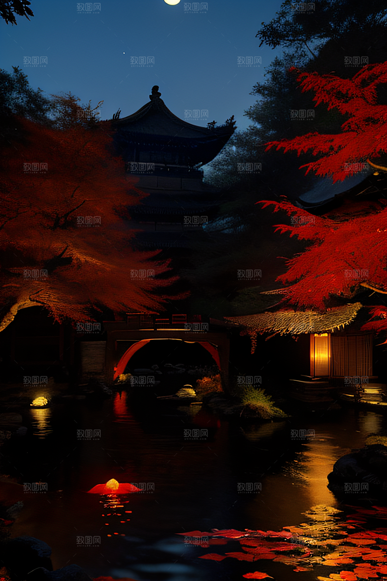 古建筑与溪流夜晚的红叶枫树和明月