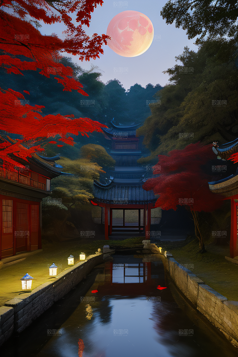 古建筑与溪流夜晚的红叶枫树和明月