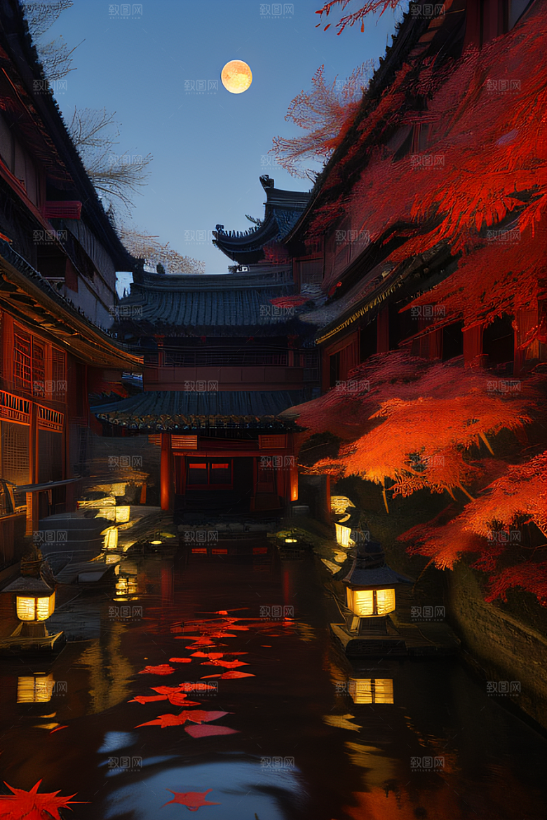 古风江南溪流旁的古建筑和红叶枫树