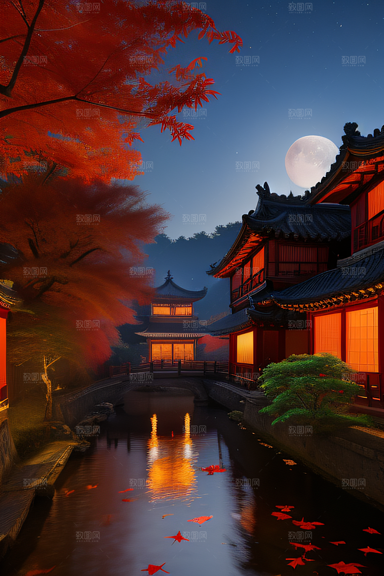 古风江南溪流旁的古建筑和红叶枫树