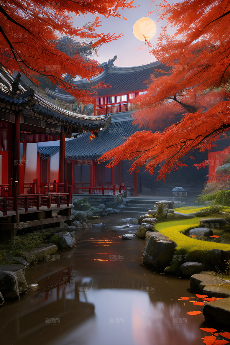 古风江南溪流旁的古建筑和红叶枫树