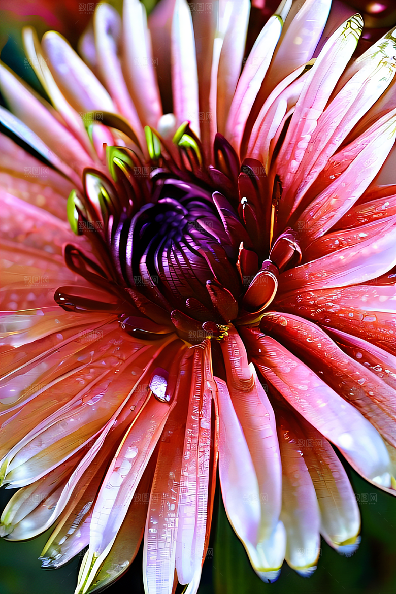 晶莹剔透的花朵菊花心上的水晶露珠