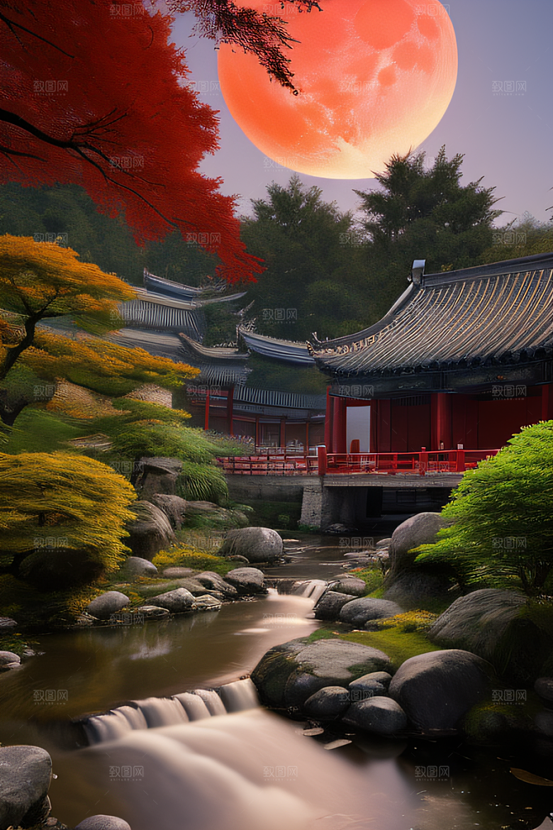 古代中国的超真实渲染溪流畔的江南古建筑