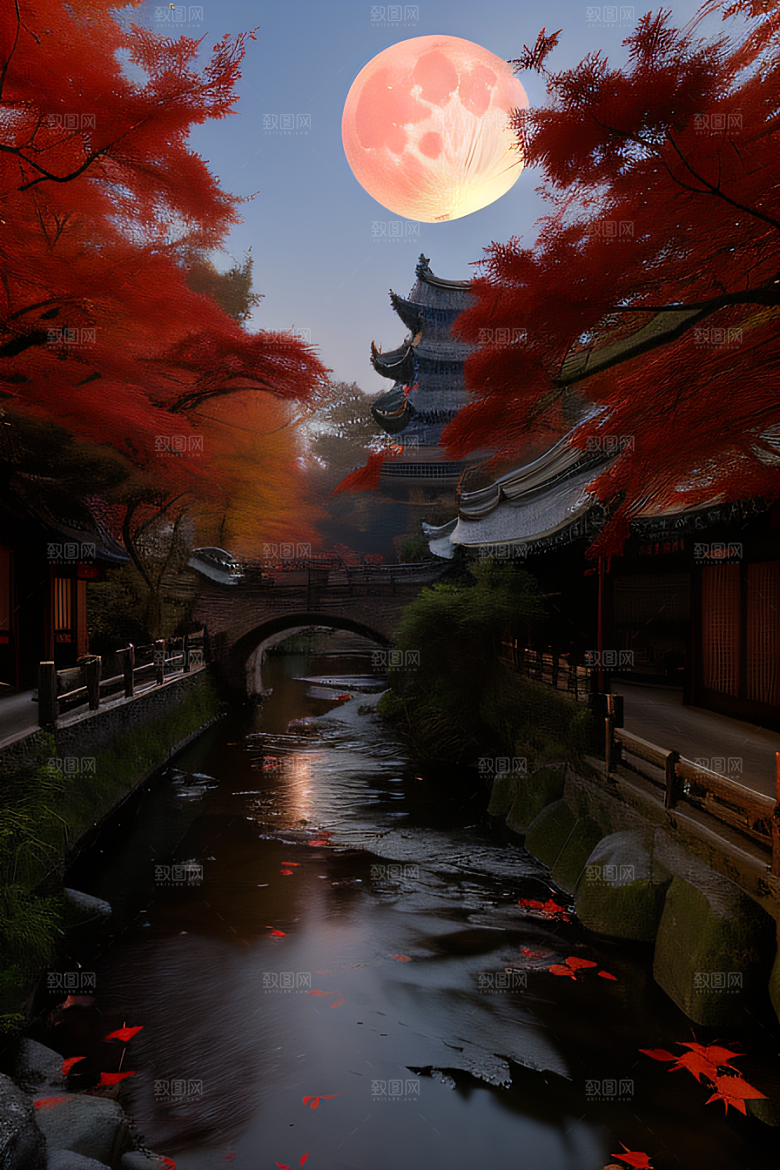 古建筑与溪流夜晚的红叶枫树和明月