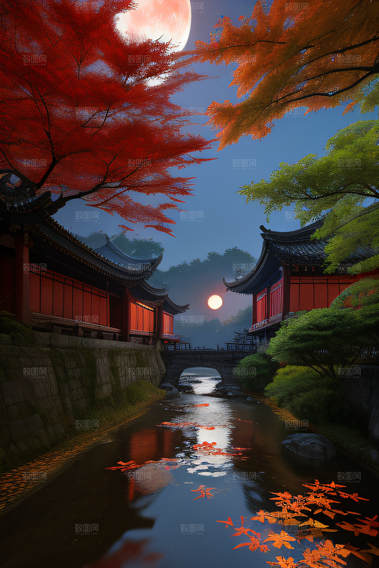 古建筑与溪流夜晚的红叶枫树和明月