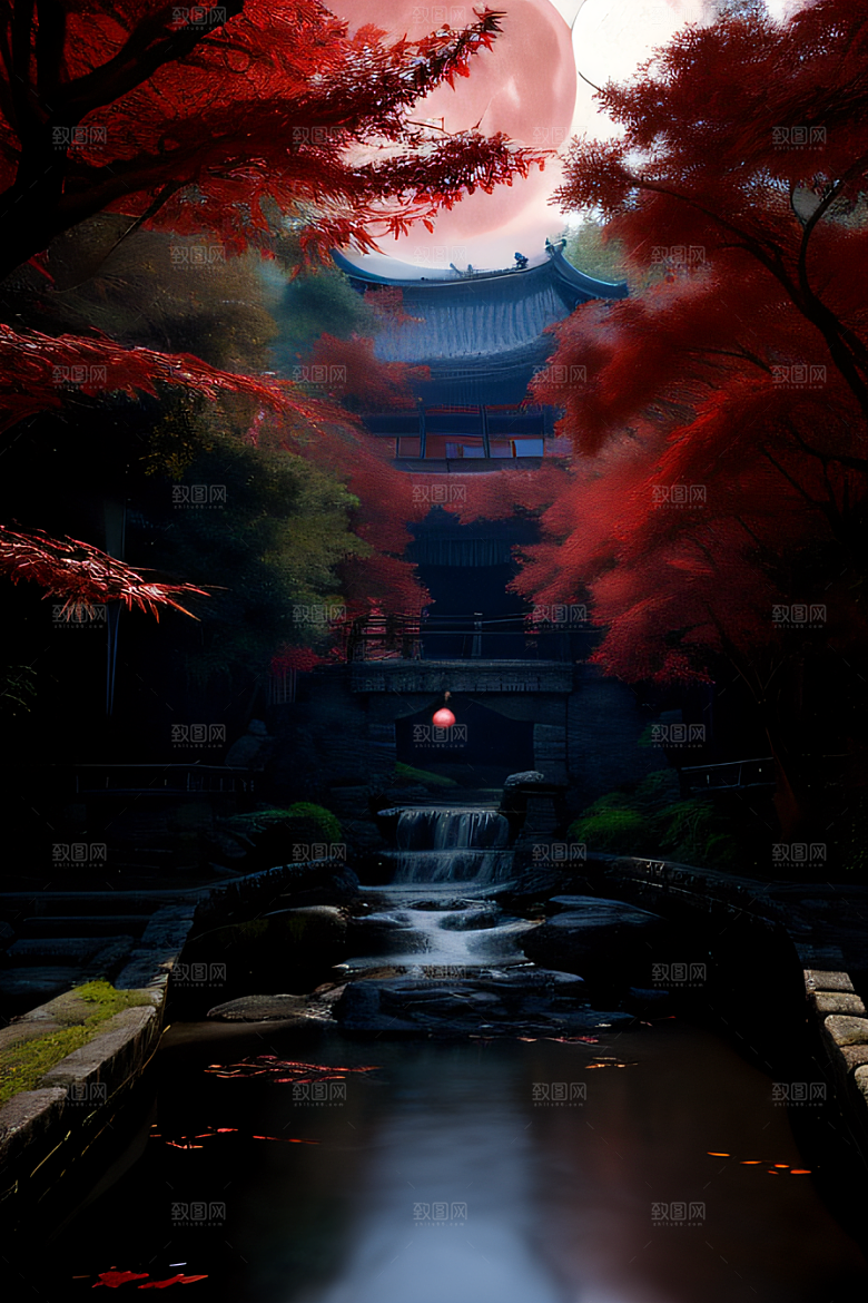 古建筑与溪流夜晚的红叶枫树和明月