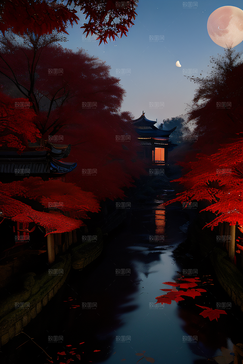 古建筑与溪流夜晚的红叶枫树和明月