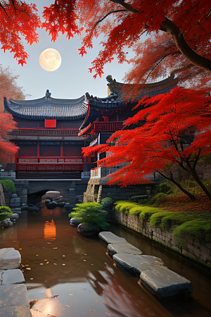 古建筑与溪流夜晚的红叶枫树和明月