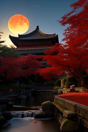 古建筑与溪流夜晚的红叶枫树和明月