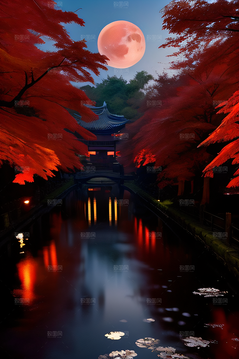 古建筑与溪流夜晚的红叶枫树和明月