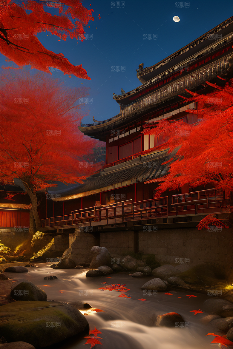 古建筑与溪流夜晚的红叶枫树和明月