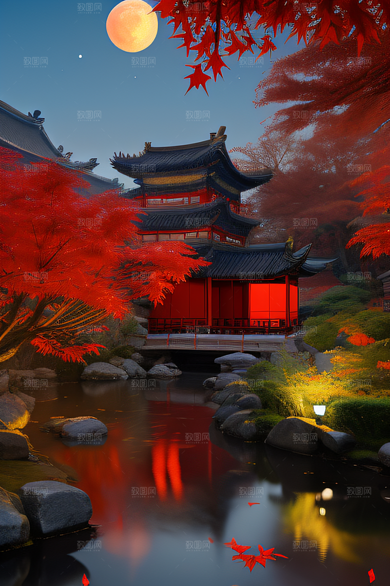 古建筑与溪流夜晚的红叶枫树和明月